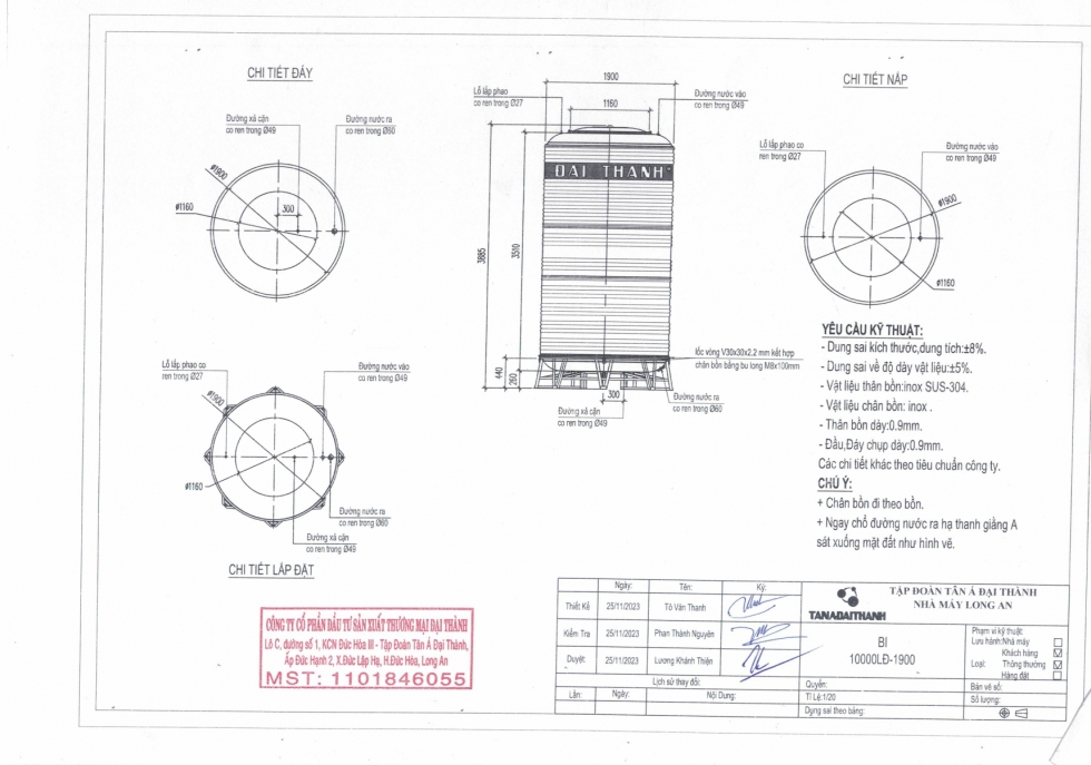 Bản vẽ bồn nước inox 10 khối dk 1900mm