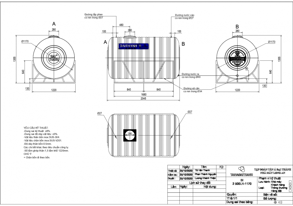 Bản vẽ bồn nước inox 2500 lít nằm ngang Đại Thành