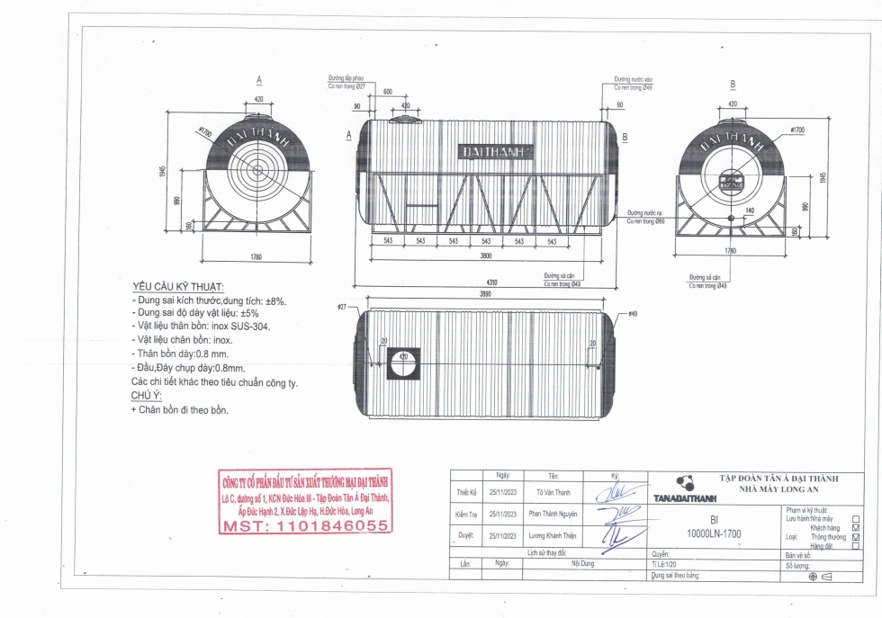 Bản vẽ bồn nước inox 1000L ĐK 1700mm