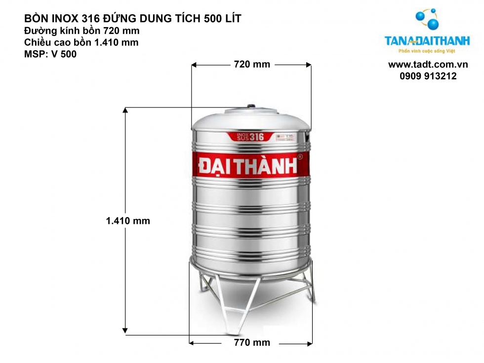 Kích thước bồn nước inox 500L đứng