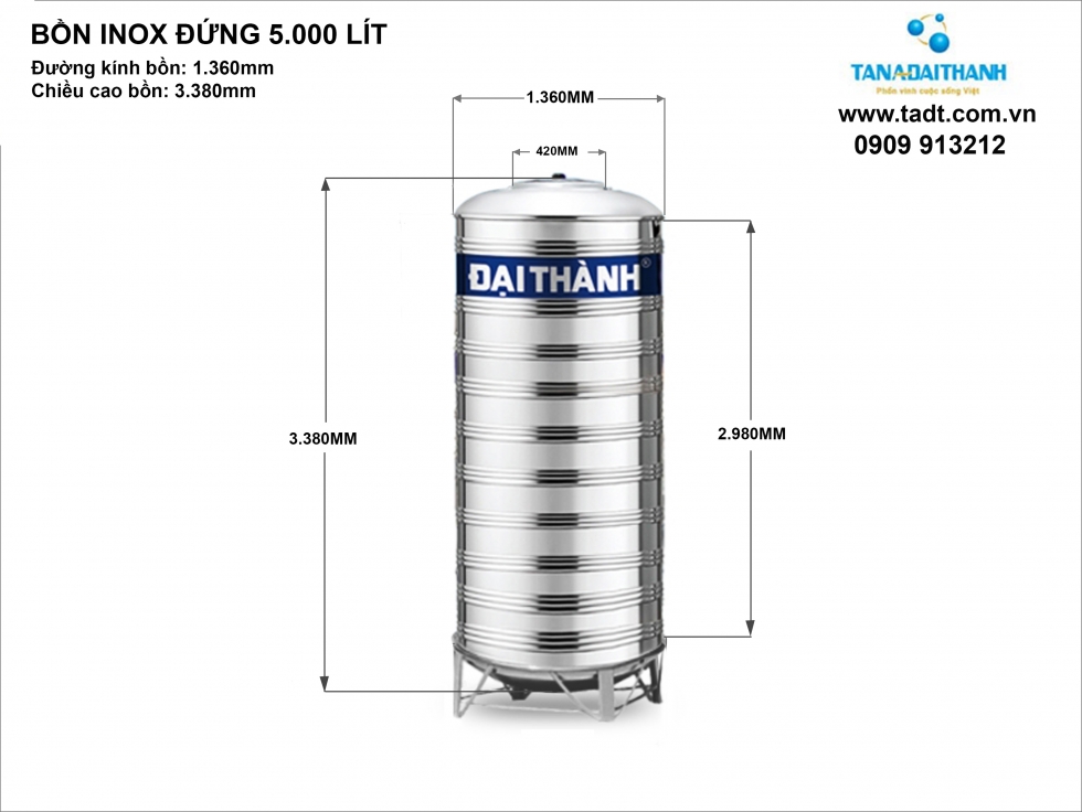       Kích thước bồn inox 5000 lít Đứng