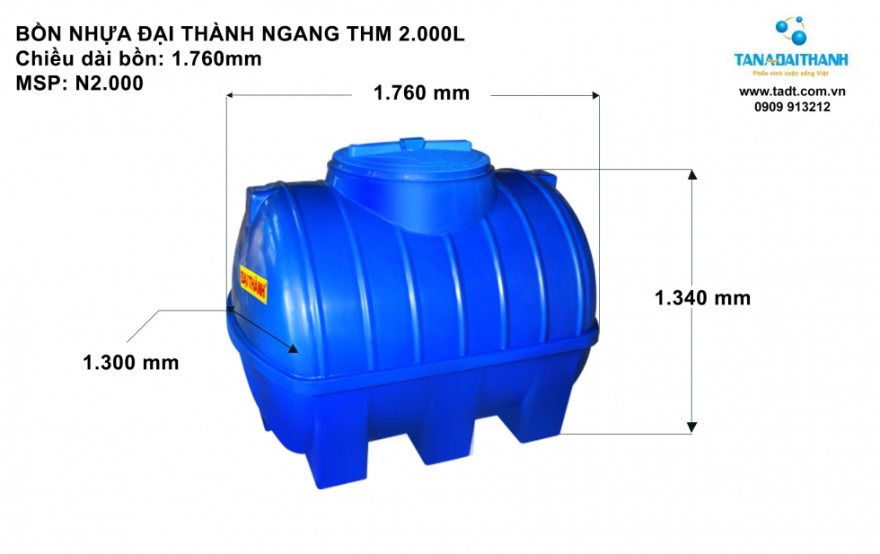 Kích thước bồn nước nhựa 2000 lít nằm ngang
