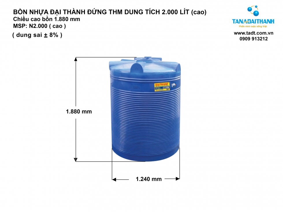 Kích thước bồn nước nhựa 2000 lít đứng