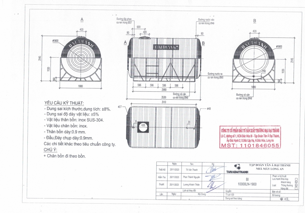 Bản vẽ bồn nước inox 10 khối nằm Đại Thành