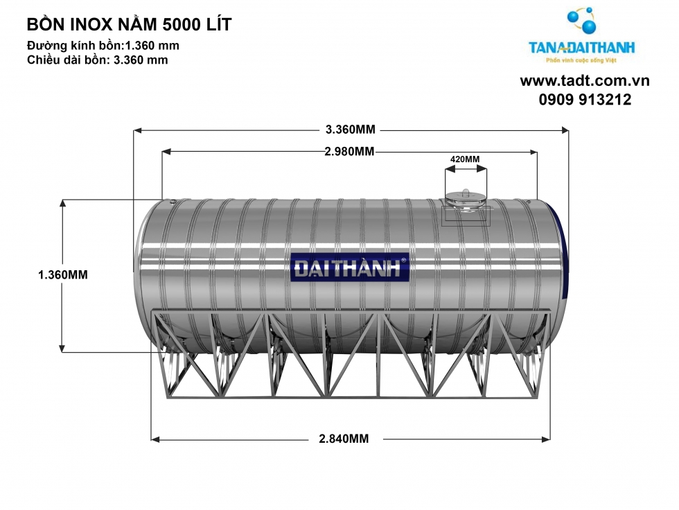 Kích thước bồn nước inox 5000 lít nằm