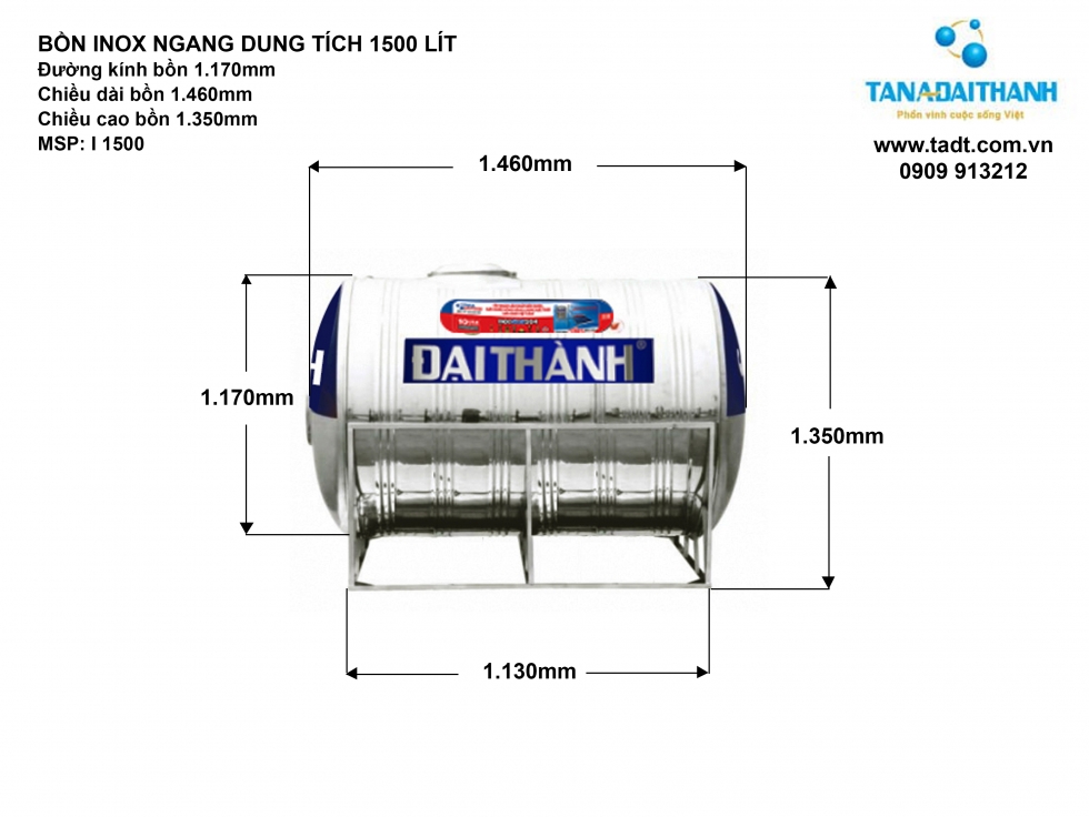 Kích thước bồn nước inox 1500 lít nằm ngang